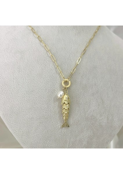 Incili Hareketli Balık Kolye Gold