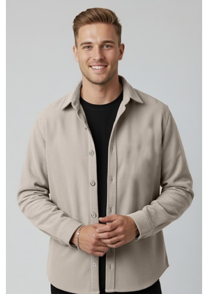 Erkek Gri Kadife Fitilli Rahat Kesim Gömlek Yumuşak Dokulu Likralı Kadife Gömlek 2600758