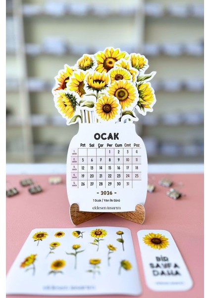 2026 Ayçiçek Temalı Masa Takvimi | Kayın Desenli Karton Tutucu | Dekoratif Takvim | Hediye Seçeneği