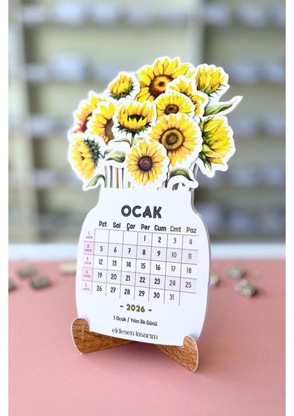 2026 Ayçiçek Temalı Masa Takvimi | Kayın Desenli Karton Tutucu | Dekoratif Takvim | Hediye Seçeneği modelleri