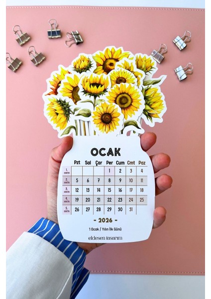 2026 Ayçiçek Temalı Masa Takvimi | Kayın Desenli Karton Tutucu | Dekoratif Takvim | Hediye Seçeneği fırsatları