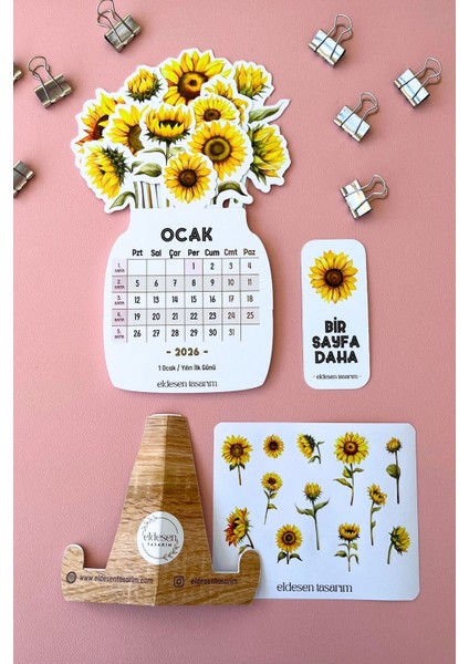 2026 Ayçiçek Temalı Masa Takvimi | Kayın Desenli Karton Tutucu | Dekoratif Takvim | Hediye Seçeneği indirimleri