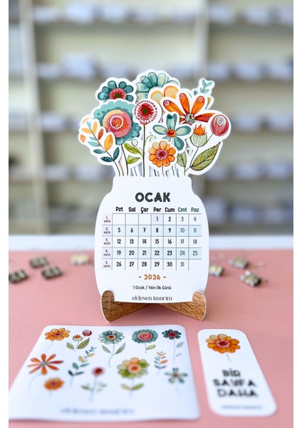 2026 Soft Çiçek Temalı Masa Takvimi | Kayın Desenli Karton Tutucu | Dekoratif Takvim | Hediye Seçeneği