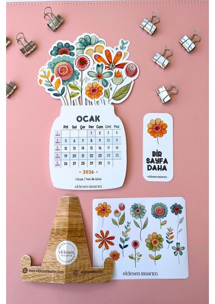 2026 Soft Çiçek Temalı Masa Takvimi | Kayın Desenli Karton Tutucu | Dekoratif Takvim | Hediye Seçeneği indirimleri