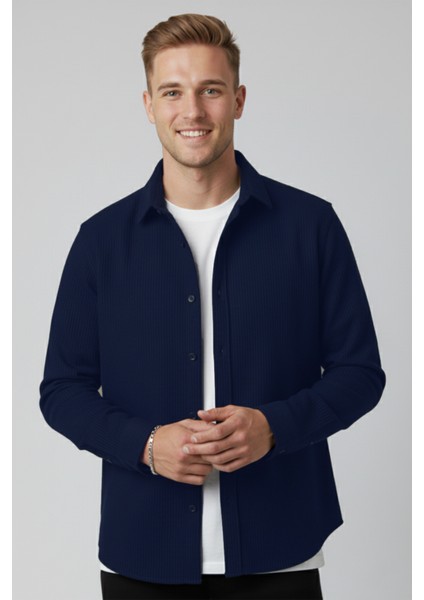 Erkek Lacivert Kadife Fitilli Rahat Kesim Gömlek Yumuşak Dokulu Likralı Kadife Gömlek 2600758