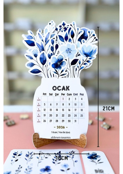 2026 Mavi Çiçek Temalı Masa Takvimi | Kayın Desenli Karton Tutucu | Dekoratif Takvim | Hediye Seçeneği fiyatları