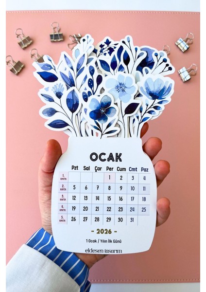 2026 Mavi Çiçek Temalı Masa Takvimi | Kayın Desenli Karton Tutucu | Dekoratif Takvim | Hediye Seçeneği fırsatları