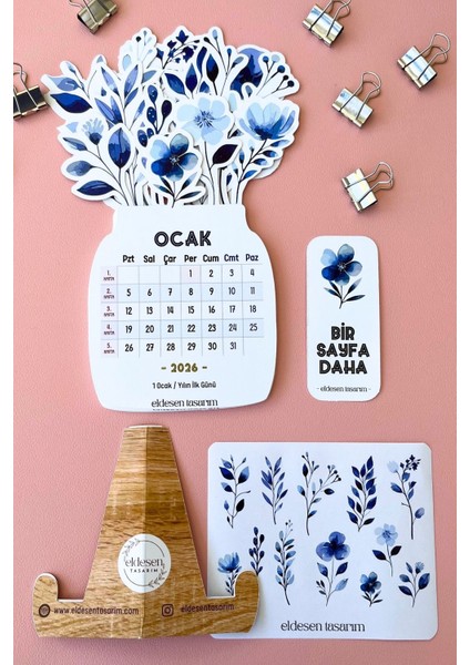 2026 Mavi Çiçek Temalı Masa Takvimi | Kayın Desenli Karton Tutucu | Dekoratif Takvim | Hediye Seçeneği indirimleri
