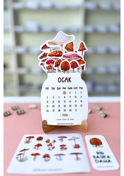 2026 Mantar Temalı Masa Takvimi | Kayın Desenli Karton Tutucu | Dekoratif Takvim | Hediye Seçeneği