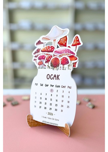 2026 Mantar Temalı Masa Takvimi | Kayın Desenli Karton Tutucu | Dekoratif Takvim | Hediye Seçeneği modelleri