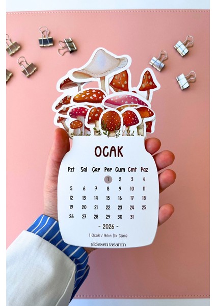 2026 Mantar Temalı Masa Takvimi | Kayın Desenli Karton Tutucu | Dekoratif Takvim | Hediye Seçeneği fırsatları