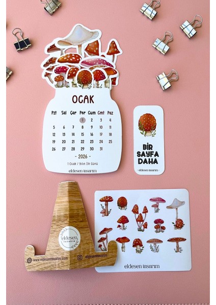 2026 Mantar Temalı Masa Takvimi | Kayın Desenli Karton Tutucu | Dekoratif Takvim | Hediye Seçeneği indirimleri