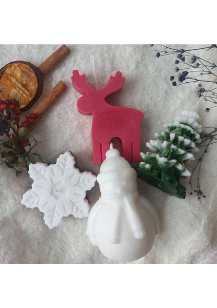 Yeniyıl Yılbaşı Ağaç, Kardan Adam, Geyik ve Kar Tanesi Desenli El Boyaması 4’lü Mum Set