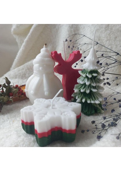Yeniyıl Yılbaşı Ağaç, Kardan Adam, Geyik ve Kar Tanesi Desenli El Boyaması 4’lü Mum Set fiyatları