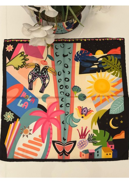 Kuş Desen Saten Kare Fular