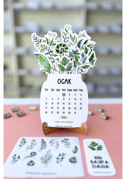2026 Yaprak Temalı Masa Takvimi | Kayın Desenli Karton Tutucu | Dekoratif Takvim | Hediye Seçeneği