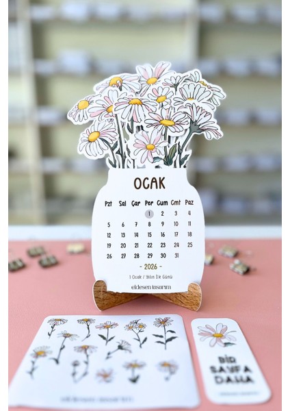 2026 Papatya Temalı Masa Takvimi | Kayın Desenli Karton Tutucu | Dekoratif Takvim | Hediye Seçeneği