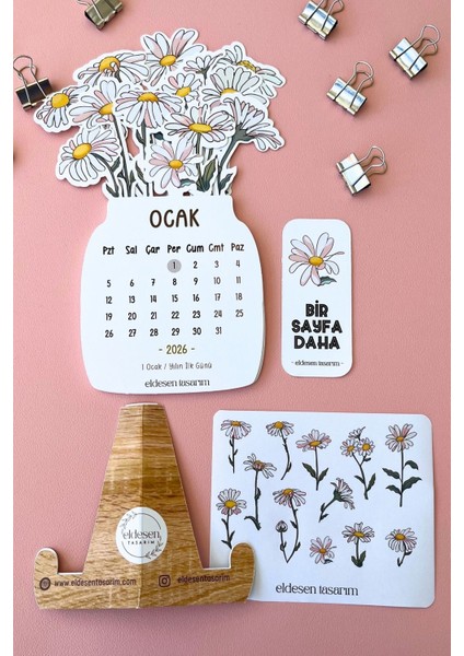 2026 Papatya Temalı Masa Takvimi | Kayın Desenli Karton Tutucu | Dekoratif Takvim | Hediye Seçeneği indirimleri