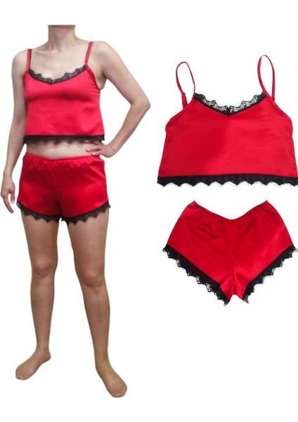Kırmızı Saten Dantelli Rahat Kesim Alt-Üst Şort Crop Şort Takım