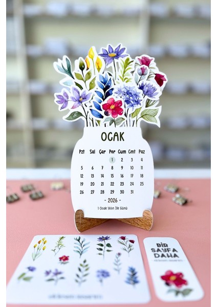 2026 Çiçek Temalı Masa Takvimi | Kayın Desenli Karton Tutucu | Dekoratif Takvim | Hediye Seçeneği