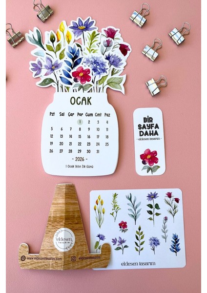 2026 Çiçek Temalı Masa Takvimi | Kayın Desenli Karton Tutucu | Dekoratif Takvim | Hediye Seçeneği indirimleri