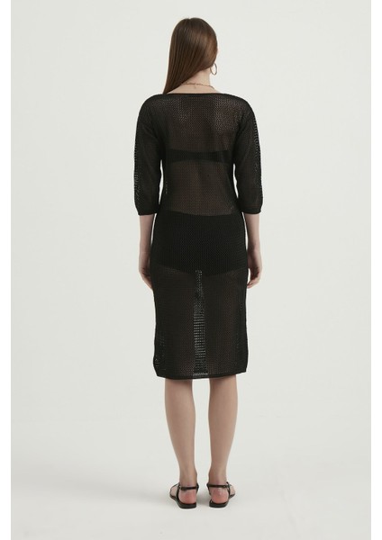 Kadın Örme Fileli Yuvarlak Yaka Midi Elbise Siyah