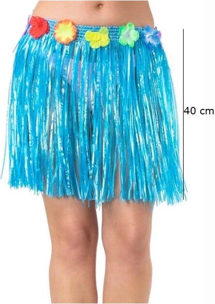 Mavi Püsküllü Hawaii Hula Dans Eteği Yetişkin ve Çocuklar Için Eğlence