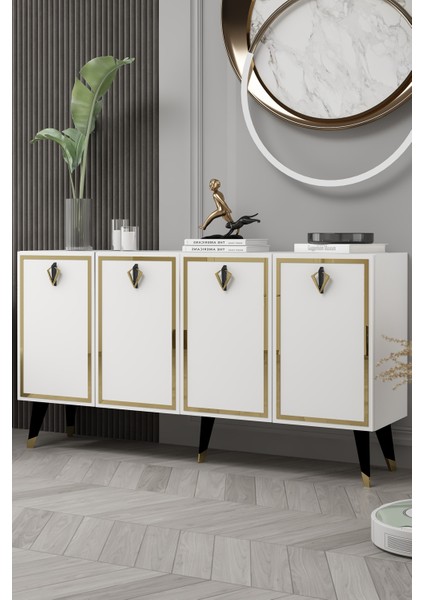 8211-32CT KB150 Konsol, Tv Ünitesi Beyaz-Siyah-Altın