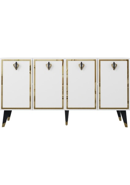 8211-32CT KB150 Konsol, Tv Ünitesi Beyaz-Siyah-Altın