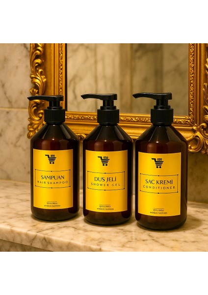 Banyo Seti 3lü Set Saç Kremi Banyo Jeli Şampuan Şişesi 500 ml