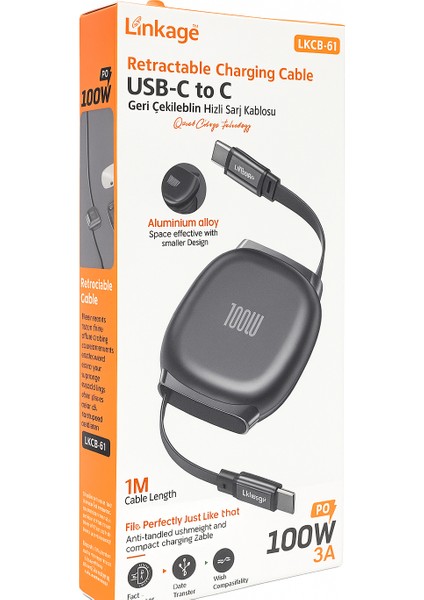 100W Usb-C To C Geri Çekilebilir Hızlı Şarj Kablosu (1 Metre)