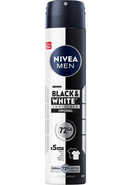 Nıvea Men Erkek Sprey Deodorant Black&white Invisible Original 200ML, 72 Saat Anti-Perspirant Ter Koruması