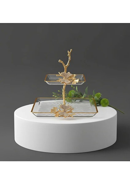 2 Katklı Döküm Aksesuarlı Yaldız Detaylı Kare Servis Tabağı Sunumluk Kurabiyelik