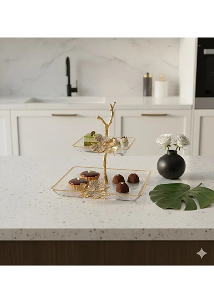 2 Katklı Döküm Aksesuarlı Yaldız Detaylı Kare Servis Tabağı Sunumluk Kurabiyelik fiyatları