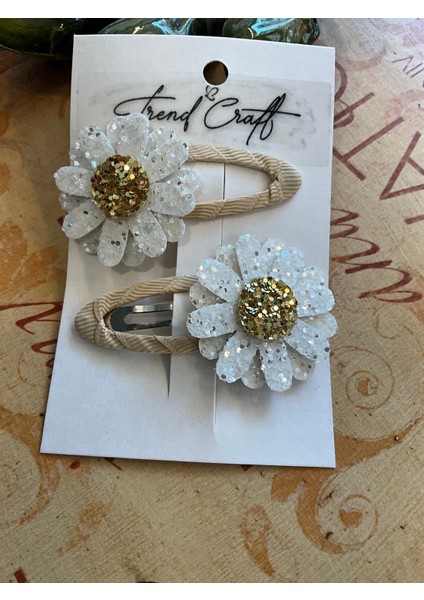 Beyaz Glitter Pırıltılı Payet Papatyalı 2’li Çıtçıt Toka fiyatları