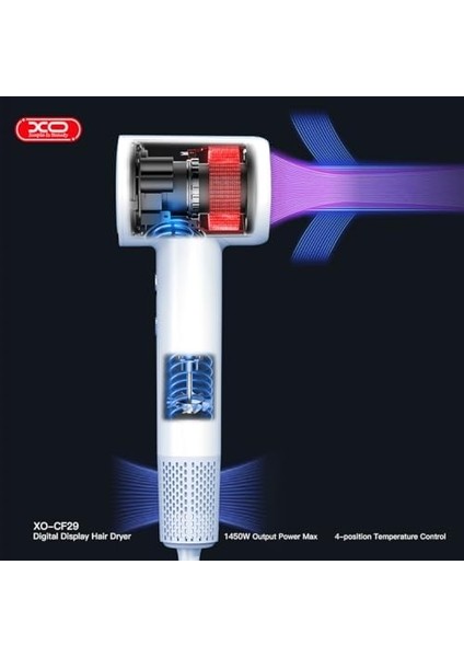 Xo Dijital Ekranlı Saç Kurutma Makinesi – 1600W Güçlü Fırçasız Motor, 3 Hız ve 4 Sıcaklık Ayarı, LED Ambient Işık, Soğuk Hava ve Iyon Teknolojisi, Hafif ve Ergonomik Tasarım, CF29, Gri
