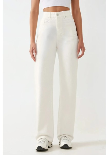 Kadın Yüksek Bel Straight Kot Pantolon Beyaz