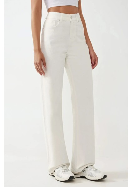 Kadın Yüksek Bel Straight Kot Pantolon Beyaz