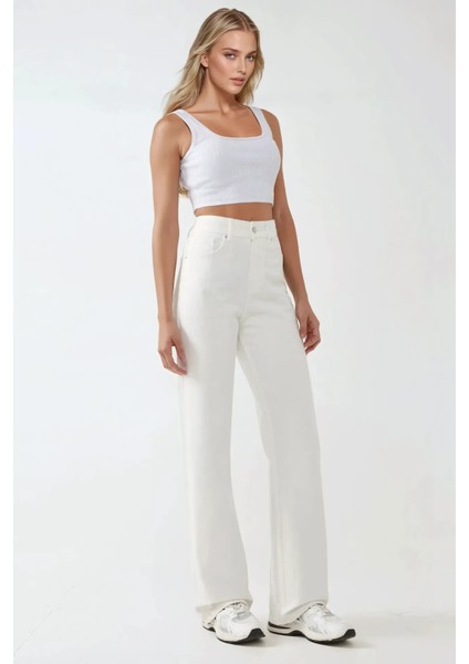 Kadın Yüksek Bel Straight Kot Pantolon Beyaz