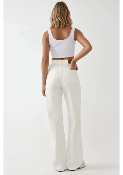 Kadın Yüksek Bel Straight Kot Pantolon Beyaz
