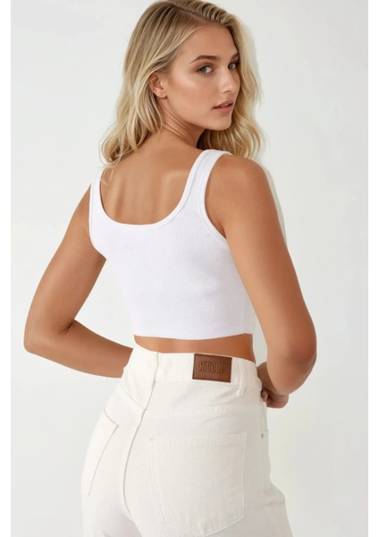 Kadın Yüksek Bel Straight Kot Pantolon Beyaz