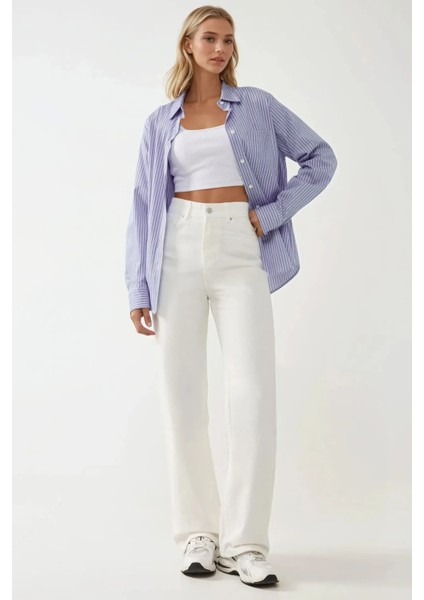 Kadın Yüksek Bel Straight Kot Pantolon Beyaz