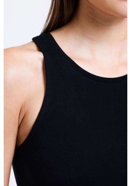 Kadın Yuvarlak Yakalı Temel Askılı Tişört Siyah