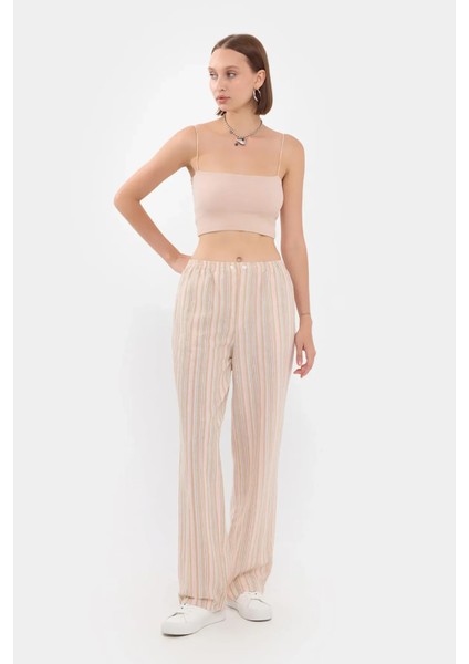 Kadın Yüksek Bel Şeritli Dokuma Pantolon, Elastik Bel ve Düğme Detayı Yulaf Ezmesi Doğal