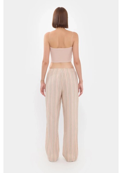 Kadın Yüksek Bel Şeritli Dokuma Pantolon, Elastik Bel ve Düğme Detayı Yulaf Ezmesi Doğal