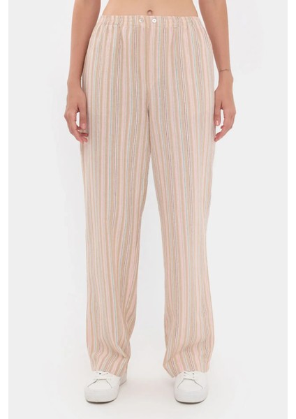 Kadın Yüksek Bel Şeritli Dokuma Pantolon, Elastik Bel ve Düğme Detayı Yulaf Ezmesi Doğal