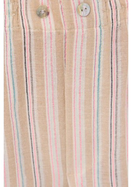 Kadın Yüksek Bel Şeritli Dokuma Pantolon, Elastik Bel ve Düğme Detayı Yulaf Ezmesi Doğal