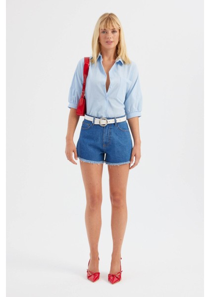 Kadın Koyu Renk Yüksek Bel Denim Şort Mavi