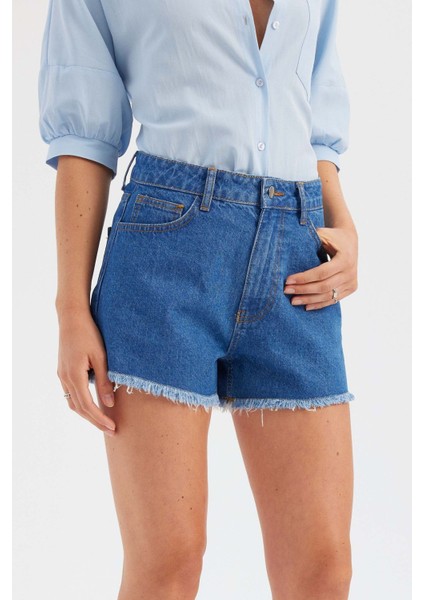 Kadın Koyu Renk Yüksek Bel Denim Şort Mavi
