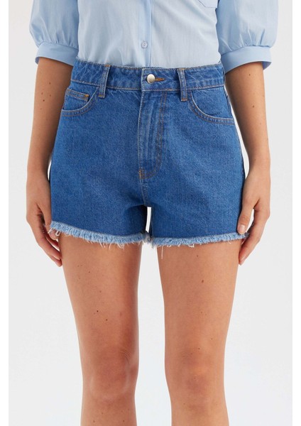 Kadın Koyu Renk Yüksek Bel Denim Şort Mavi